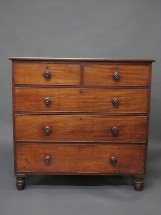 A 19th Century mahogany chest of 2 short and 3 long drawers  with tore handles, raised on turned supports 41"