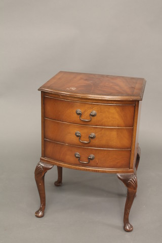 A Georgian style mahogany bow front chest of 3 long drawers, raised on cabriole supports 18"