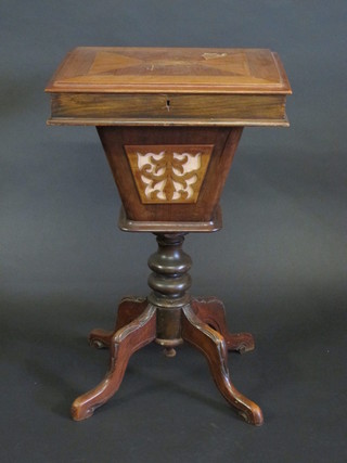 A Victorian rectangular walnut work table with hinged lid,  raised on a pillar and tripod base, 17"