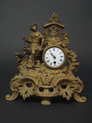 A French mantel clock with enamelled dial contained in a gilt spelter case depicting a figure of a resting Artisan, 12"