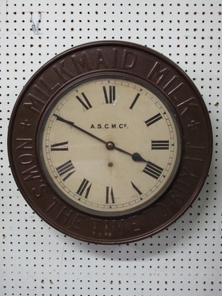 An advertising wall clock, the 12" square painted dial marked A.S.C.M & Co, the bezel embossed Now's The Time to Buy  Milkmaid Milk