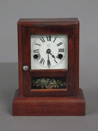 An American 19th Century mantel clock with square painted dial  and Roman numerals contained in a walnut case