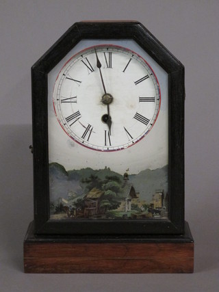 An American 1 day shelf clock by the Canadian Villa Clock Co. contained in a pine case with painted glass door