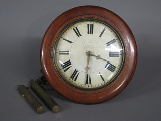A striking postman's alarm clock with 8" circular painted dial contained in a mahogany case