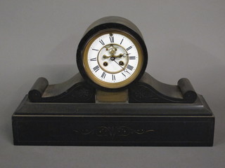 A Victorian French 8 day striking mantel clock with visible  escapement and Arabic numerals, contained in a black marble  scrolled case