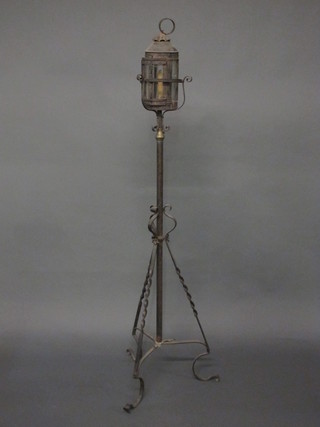 A cylindrical lantern together with a 19th Century adjustable oil lamp stand