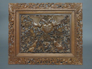 An Eastern carved and pierced hardwood plaque depicting birds  23"