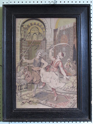 A pair of Victorian machine made panels depicting Eastern scenes contained in oak frames 17" x 12"