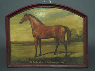 3 reproduction 18th/19th Century arched and painted panels decorated race horse, champion sheep and champion pigs, 23"