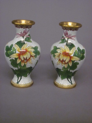 A pair of white ground cloisonne club shaped vases with floral decoration 7 1/2"