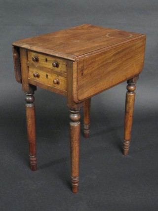 A 19th Century rectangular drop flap mahogany work table fitted  2 drawers, raised on turned supports 20"