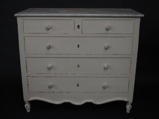 A 19th Century Continental white painted chest of 2 short and 3  long drawers with white veined marble top and tore handles,  raised on turned supports 39"