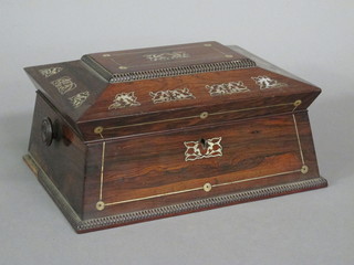 A Victorian rosewood sarcophagus shaped inlaid mother of pearl trinket box with hinged lid 4"
