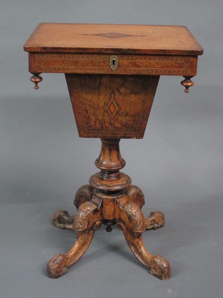 A rectangular Victorian inlaid walnut sewing box of waisted  form, raised on a pillar and tripod base 18", leg af 