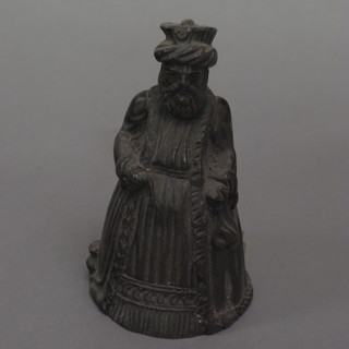 A bronze table bell in the form of a standing Eastern gentleman  4"