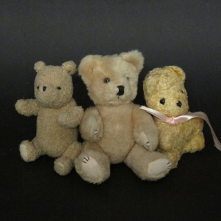 A yellow teddybear with articulated limbs 5" and 2 other  teddybears