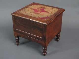 A Victorian square mahogany commode with china liner and  hinged lid, raised on turned supports 18"