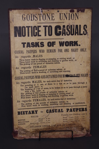 A Godstone Union workhouse paper tariff marked Godstone  Union Notice to Casuals Tasks of Work 21" x 13"