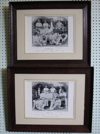 3 framed monochrome prints - Cricket Players/Teams of 1895, contained in an oak frame, 8" x 12"