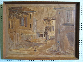 A pair of rectangular parquetry pictures "Street Scenes" 18" x 24" and 1 other "Country Cottage" 7" x 7"