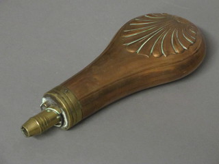 A copper powder flask with shell decoration 8"