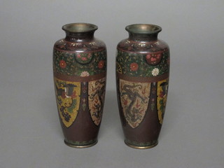 A pair of cloisonne brown ground and floral patterned vases 7"