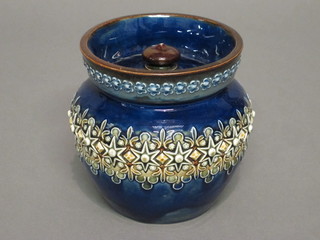 A Royal Doulton circular salt blue glazed tobacco jar and cover  4", base marked Royal Doulton, chip to finial,