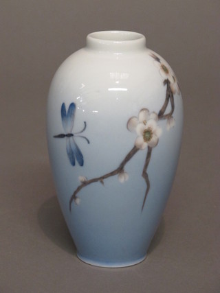 A Royal Copenhagen vase with floral and dragonfly decoration, the base marked 2301, 6"
