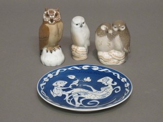 A Royal Copenhagen 1973 Mother's Day plate 6", a Royal  Copenhagen figure of an owl 4", ear chipped, and 2 other owls  3"