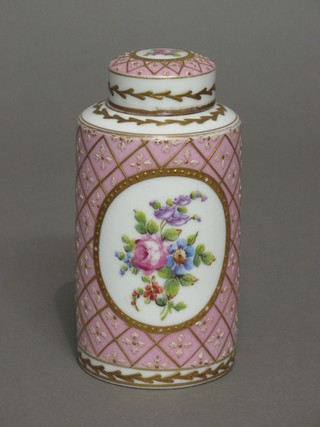 A cylindrical "Sevres" porcelain caddy with pink back ground  and floral panelled decoration, the base with cypher mark and K,  5 1/2"