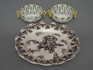 A Delft brown and white ribbonware plate 9" and 2 Quimper  style pierced twin handled bowls 4"