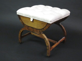A 19th Century Continental walnut box seat stool, raised on a X  framed support with H framed stretcher having an upholstered  seat 18"