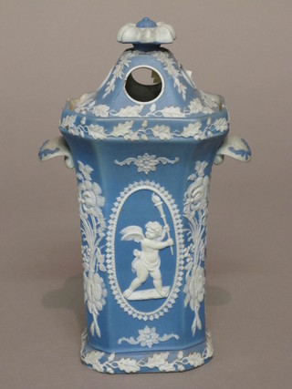 A 19th Century Jasperware style blue and white twin handled pot  pouri 9", lid f,