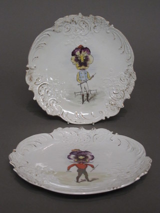 A pair of Czechoslovakian porcelain plates decorated humerous figures of jockey and soldier with pansy faces, 8"