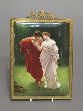 A rectangular porcelain plaque decorated classical scene of a lady  and gentleman, contained in a gilt frame 7" x 6"