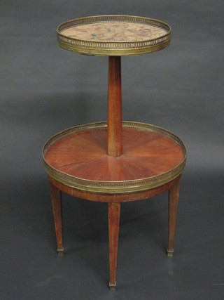 A circular 19th mahogany French 2 tier etagere with veined  marble top, raised on square tapering supports 18"