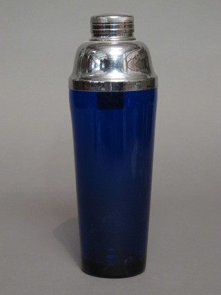 An Art Deco blue glass cocktail shaker with chrome mount 11"