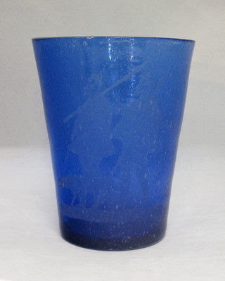 A blue soda glass vase etched figures of huntsman 8"