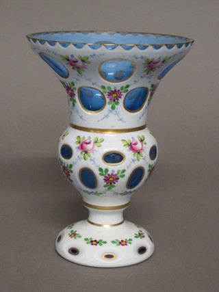 An overlay and cut goblet shaped vase with floral decoration 8 1/2"