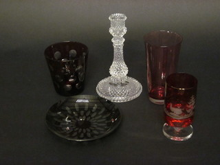 A ruby glass beaker with roundel decoration together with a  small collection of glassware