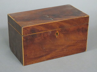 A 19th Century rectangular mahogany twin compartment tea caddy with hinged lid, 9"