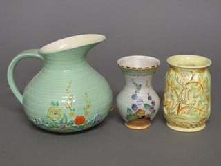 A Crown Devon green glazed pottery vase decorated flowers 7" and 2 other vases 5"