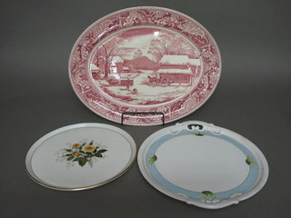 An oval red and white patterned Johnsons Home of America  Thanks Giving meat plate 20", a twin handled platter decorated  mistletoe 15", a porcelain platter decorated roses 30"