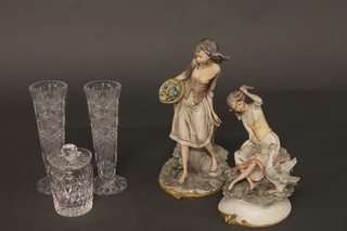 A cylindrical cut glass preserve jar and cover 4", 2 moulded glass vases 8" and 2 Capo di Monte figures