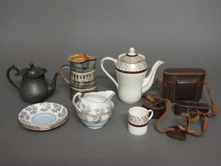 A red and gilt banded coffee service, a Coalclough tea service, a  camera, a small collection of books, a metal teapot and other  decorative items