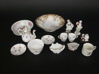 A circular pottery bowl with floral decoration, a part coffee  service with floral decoration, an advertising bowl for Quaker  Harvest Oats and a Victorian nursery plate, other decorative  ceramics, figures etc