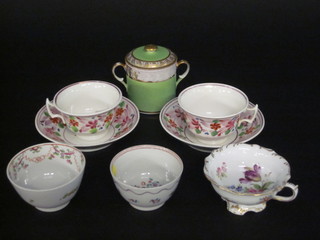 A circular green glazed twin handled sucrier and cover with gilt banding, 2 tea bowls, 2 cups and saucers