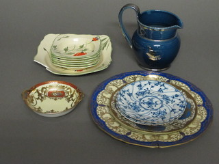 A Wedgwood blue glazed jug 5" and a collection of decorative  plates etc