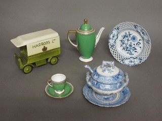 A Spode 15 piece Rye pattern coffee service comprising coffee  pot, sugar bowl, cream jug, 6 coffee cans and 6 saucers together  with various twin handled sauce tureens, decorative blue and  white china, trinket box in the form of a Harrods delivery van