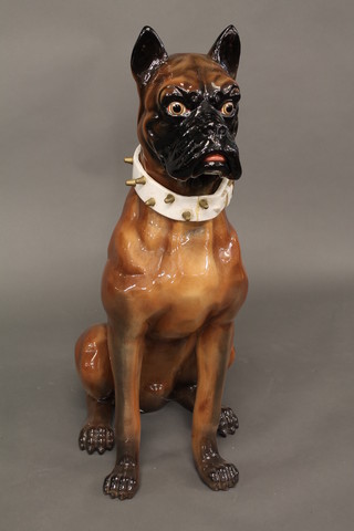 A large pottery figure of a seated Mastiff, collar and back leg f and r, 38"